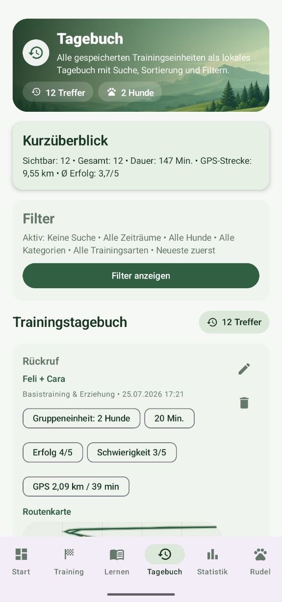 DogFather Tagebuch mit Kurzüberblick, Filter und Trainingseintrag Rückruf