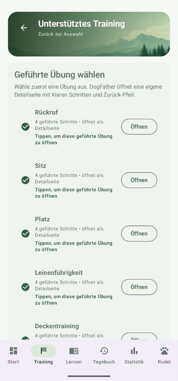 DogFather Unterstütztes Training mit geführten Übungen Rückruf, Sitz, Platz und Leinenführigkeit